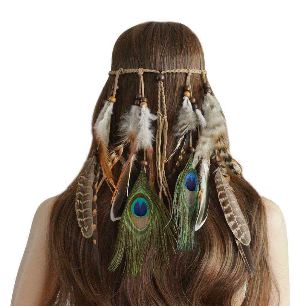 Behomian Ethnic Peacock Feather Long Tassels Headband Hair Headpiece Brown