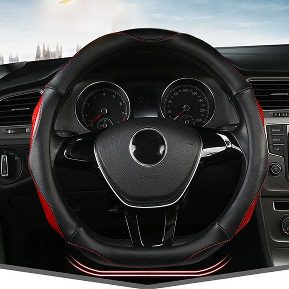 Black Leather + Red Carbon Fiber Car Steering Wheel Cover Type D 38 CM Universal
