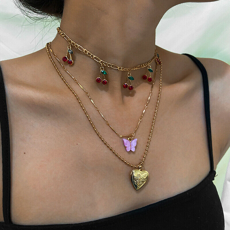 Acrylic Butterfly Heart Pendant Necklace Women Multilayer Cherry Choker J.l8