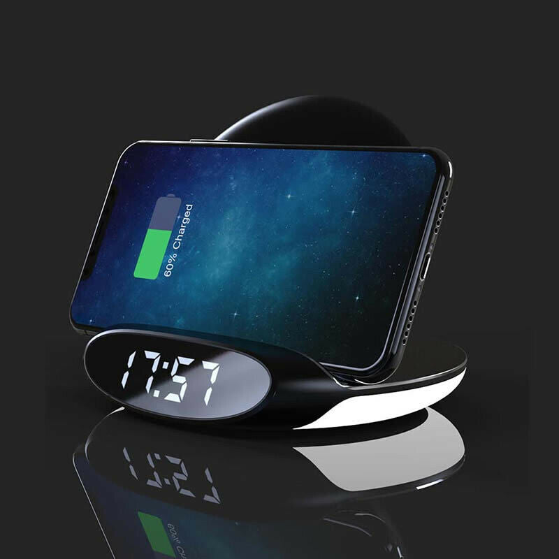 Multifunctional Wireless Charger Bedside Lamp Light with Clock Alarm Home Office