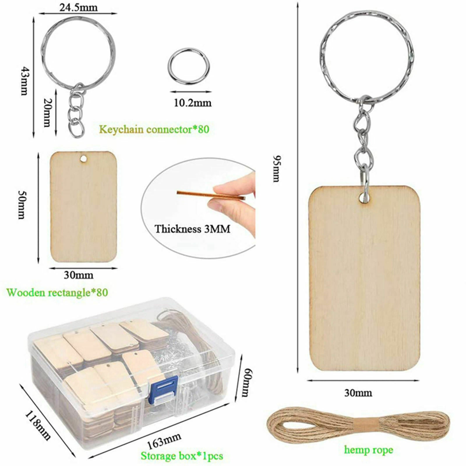 241 PCS Rectangle-Shaped Wooden Blank Tags Blank Keychain Set Wood Keychain Key