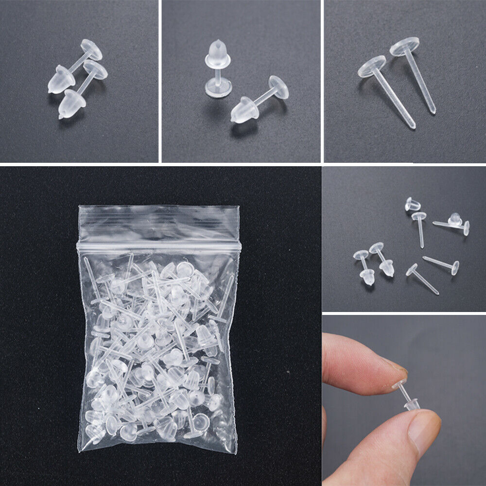 50 Pcs Clear Plastic Stem Anti-Allergy Ear Stud Earring Replacement Ear Plug DIY