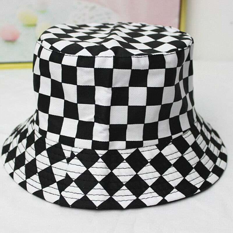 New Black White Plaid Check Bucket Hats Fishing Caps Women MensBDAU
