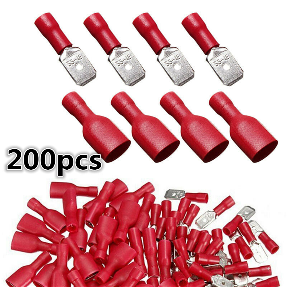 200x Red Insulated Spade Electrical Crimp Connectors Male & Female 6.3mm 22-18Ga