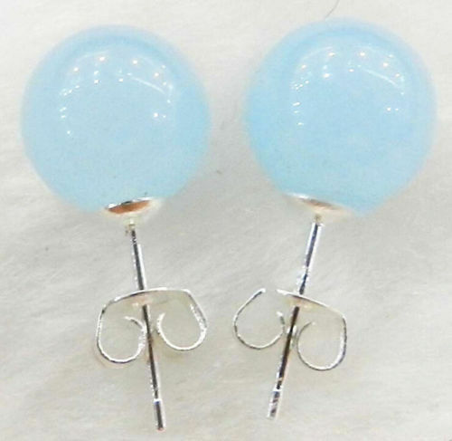 10mm Natural Light Blue Jade Round Beads 925 Sterling Stud Earrings AAA+H