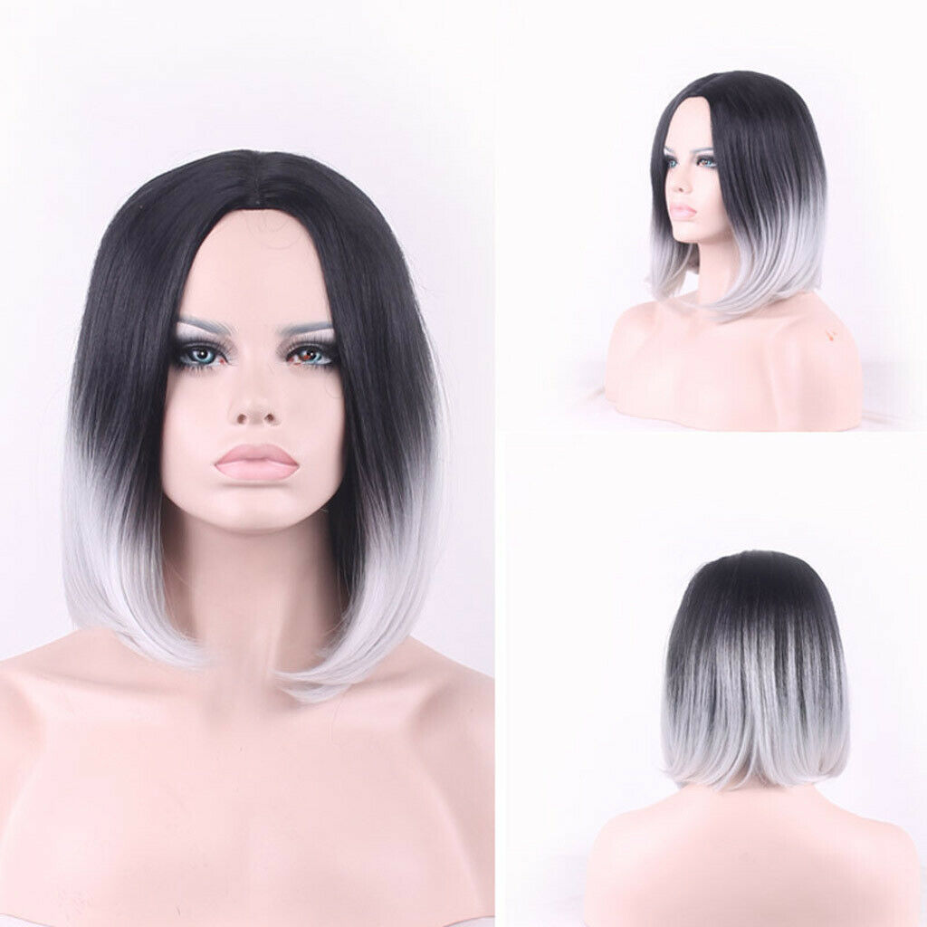 Ladies Straight Synthetic Wig Ombre Color Black Mixed Grey Fiber Wig 40