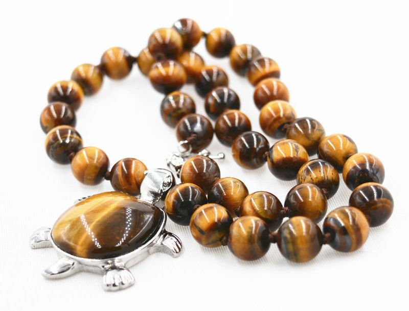 18" Beautiful 10mm African Roar Tiger's Eye Turtle Pendant Necklace AAA