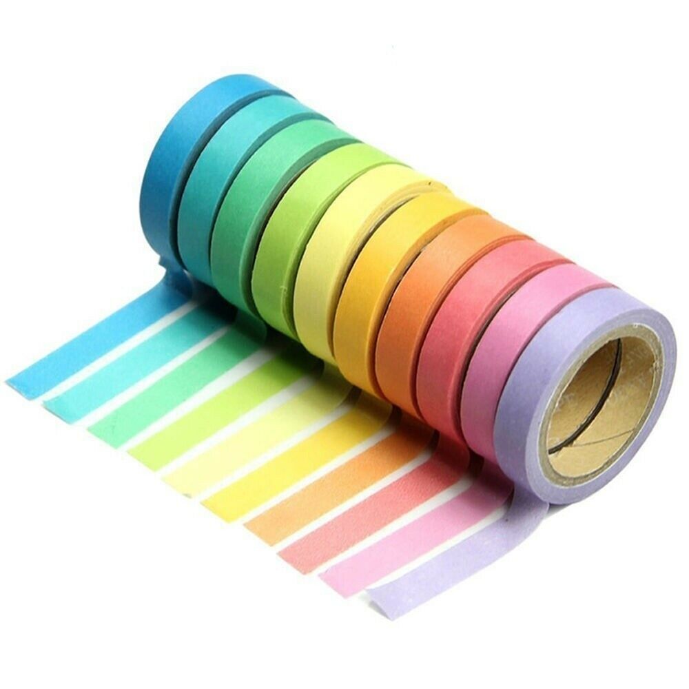 10X Writable Rolls Paper Washi Masking Tape Rainbow Colours Sticky Adhesive Gift