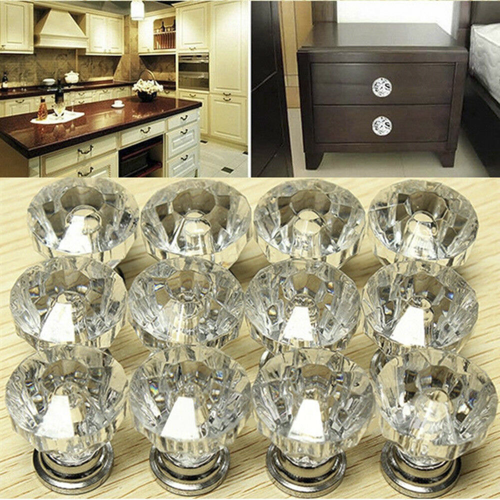 Hot 12Pcs Glass Diamond Crystal Dresser Knobs Drawer Pull Handle Cabinet Door