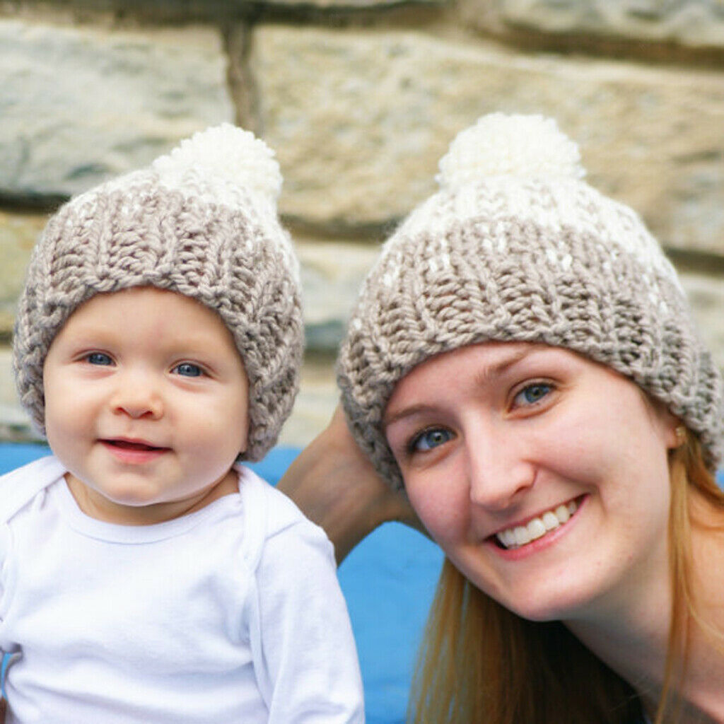 Winter Stylish Warm Novelty Mom Baby Knitted Pom Bobble Hat   Gray