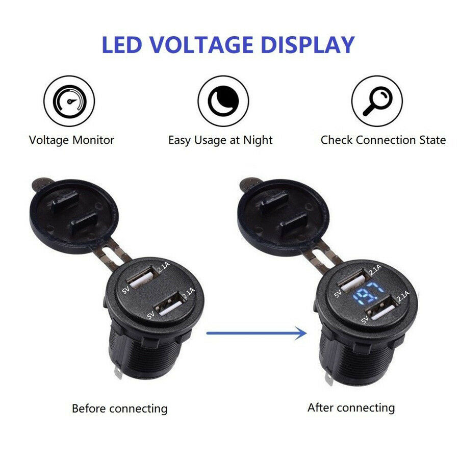 4.2A Dual USB Charger Socket with Green LED Digital Voltmeter & Cable Waterproof