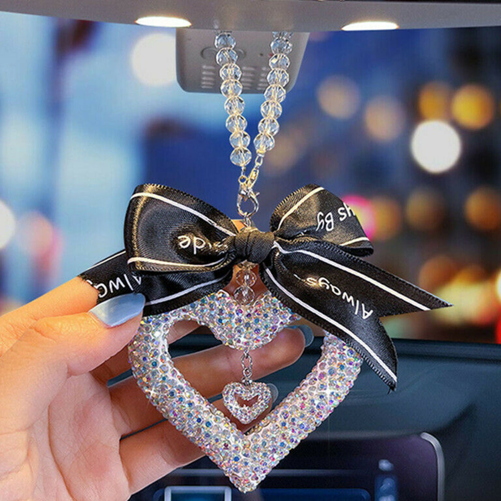Car Pendant White Rhinestone Love Pattern Rear View Mirror Hanging Accessorie