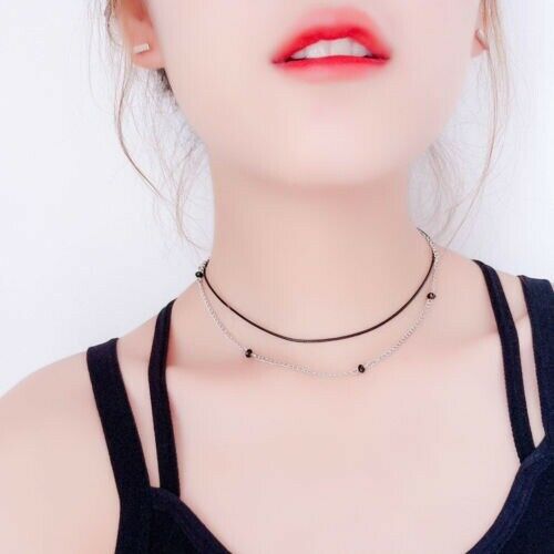 New 90' Black Leather Choker Beads Charm Necklace Gothic Grunge Retro Chain Gift