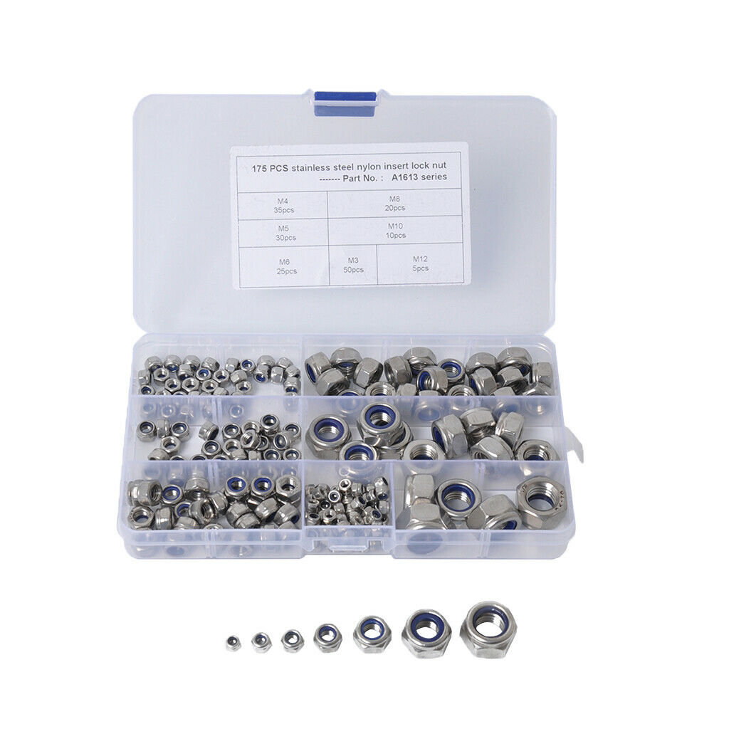 Set Of 175 Stainless Steel M3 M4 M5 M6 M8 M10 M12 Nylon Insert Lock Hex Nuts