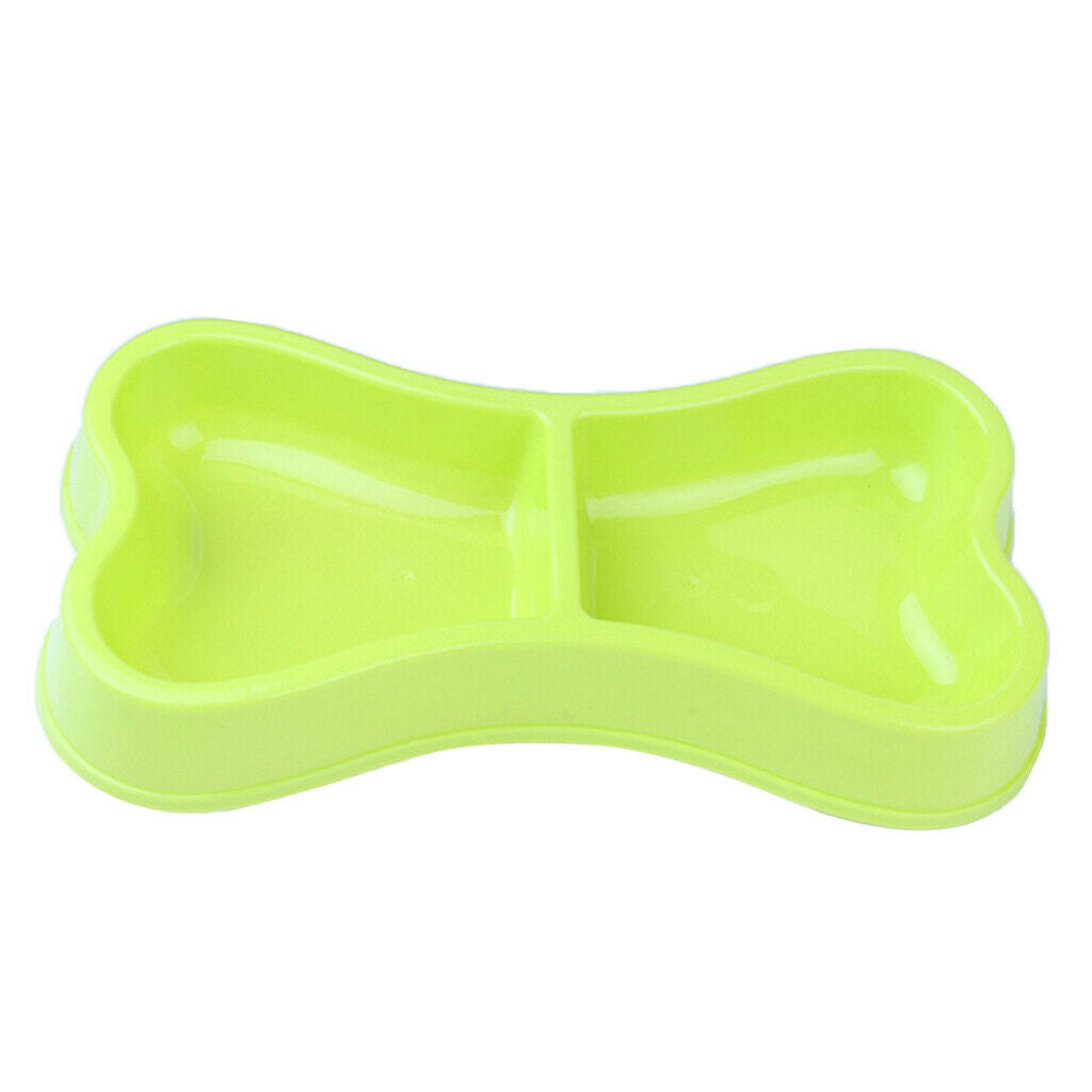 Pet Dog Cat Bone Shape Plastic Food Water Dish Double Bowl Feeder Light Green