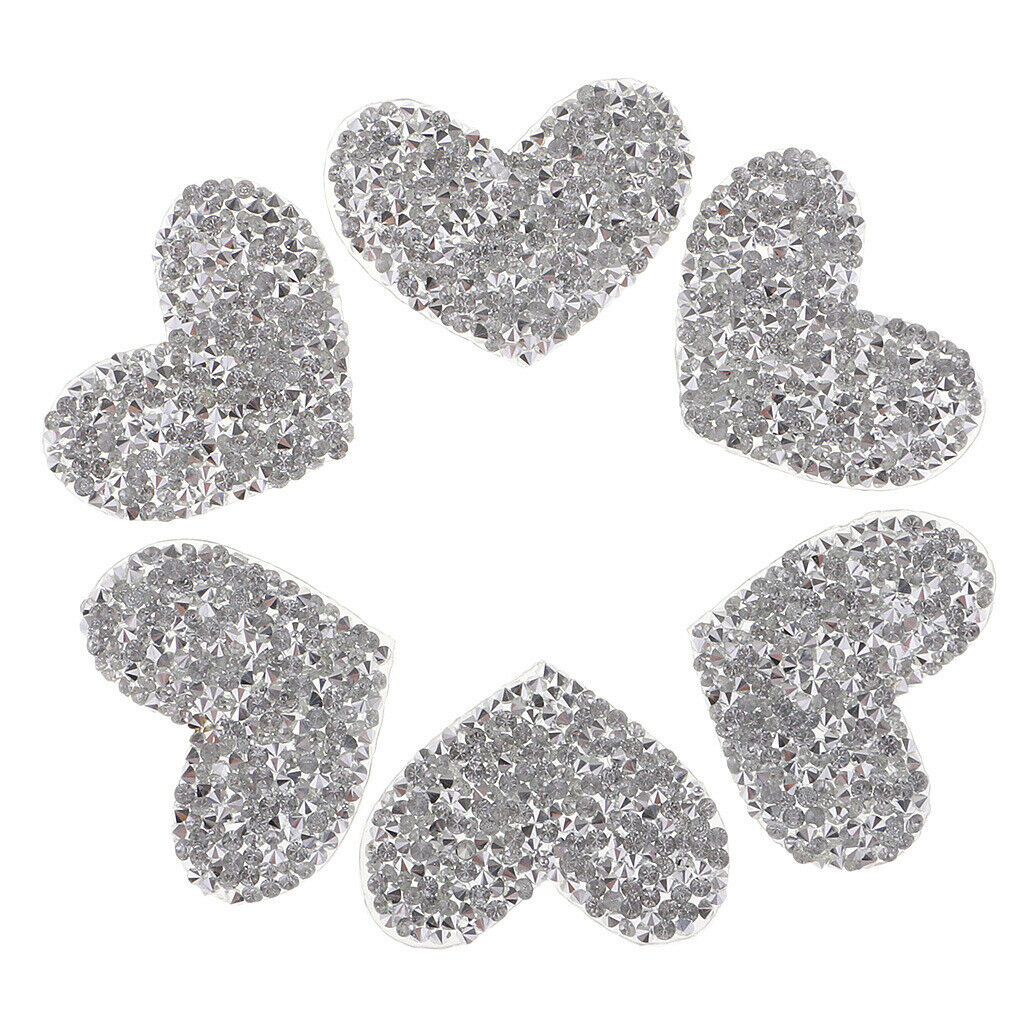 Prettyia 6Pcs DIY Love Heart Rhinestone Patch Appliques Iron on Bags Clothes