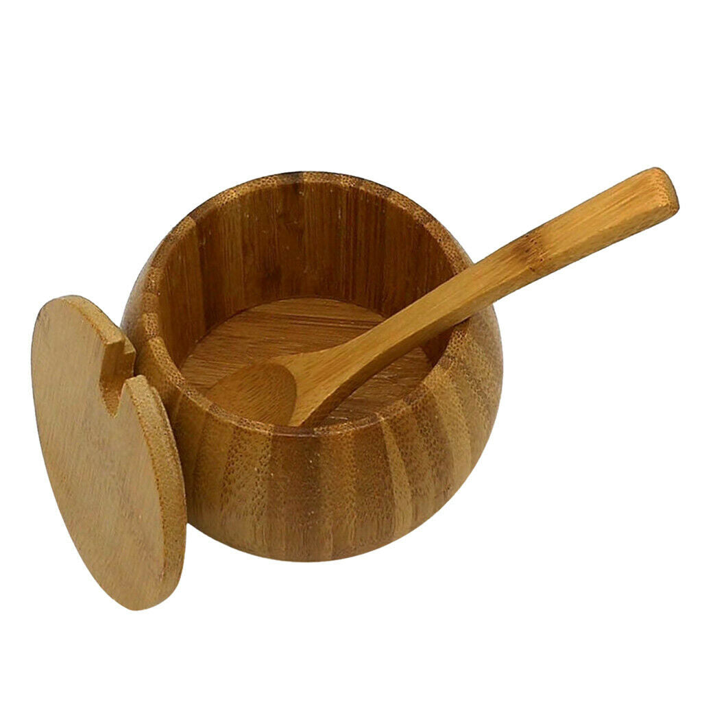 2Pcs Bamboo Wooden Spice Jar Sugar Bowl Pepper Seasoning Box with Spoon