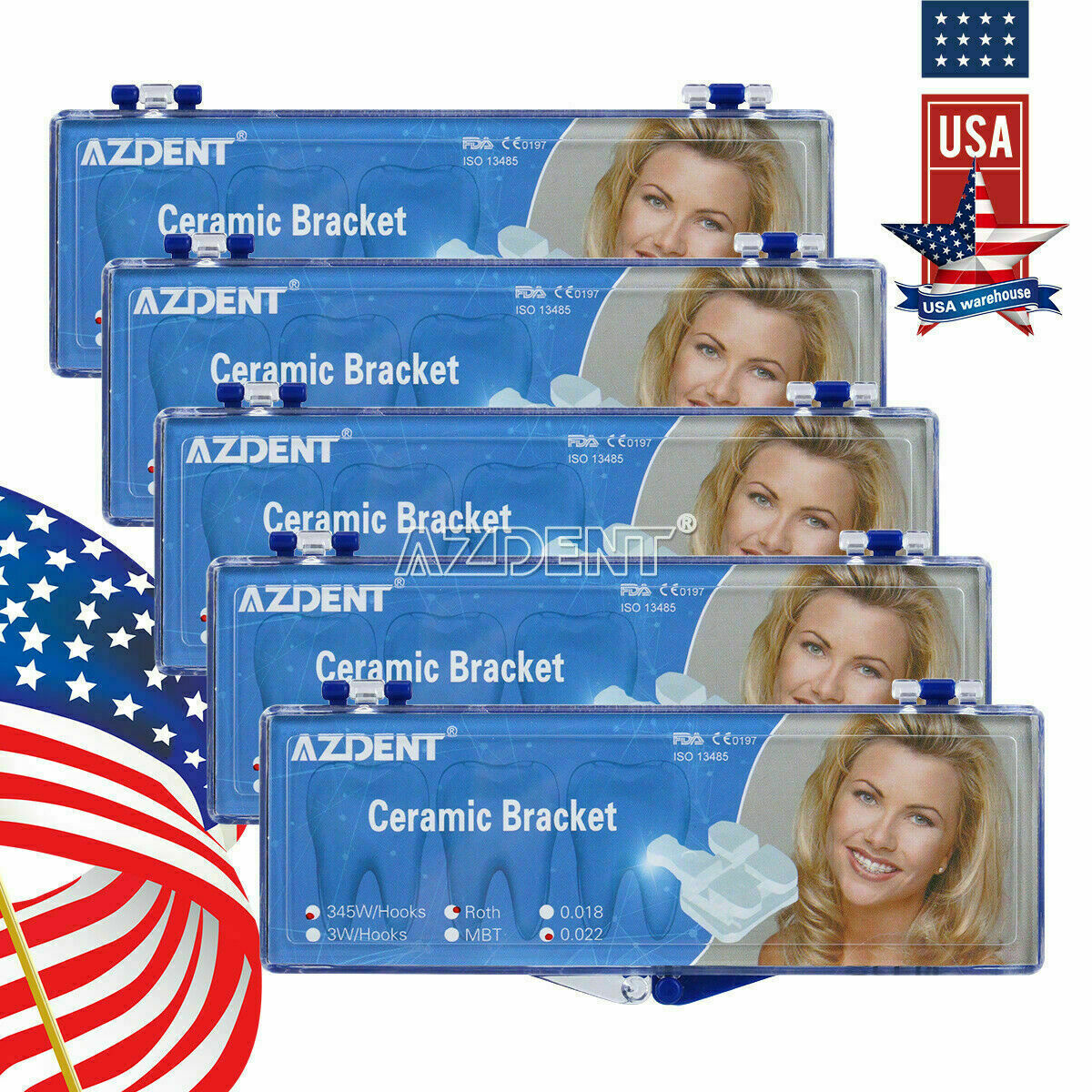 5 Packs Dental Ceramic Orthodontic Bracket Braces 5*5 Roth 0.22 Braces Hooks 345