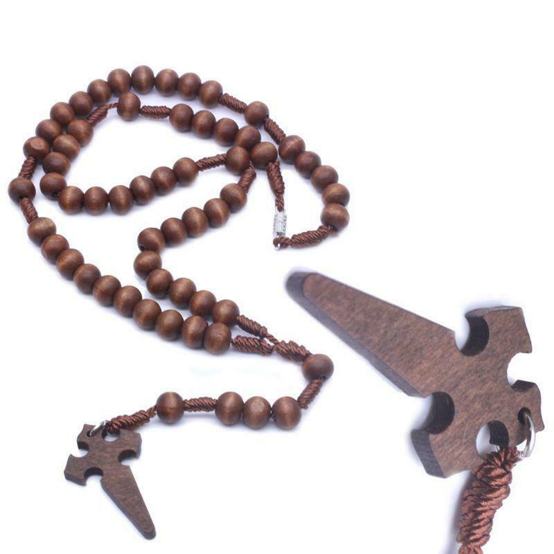 Jesus Wooden Prayer Beads 6mm Rosary Cross Necklace Pendant Woven Rope Chain