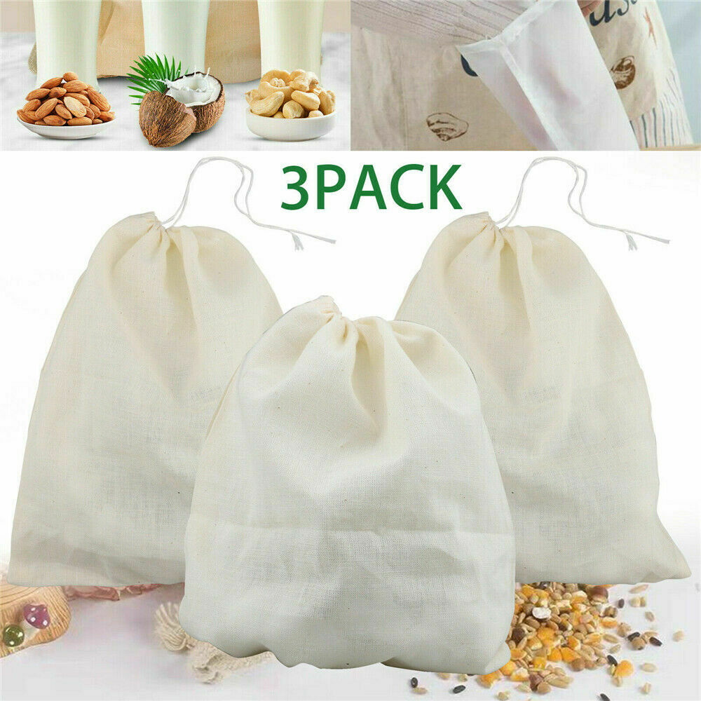 3* Cotton Nut Milk Bags Reusable Food Strainer Brew Coffee Juice Cheese Cloth ~