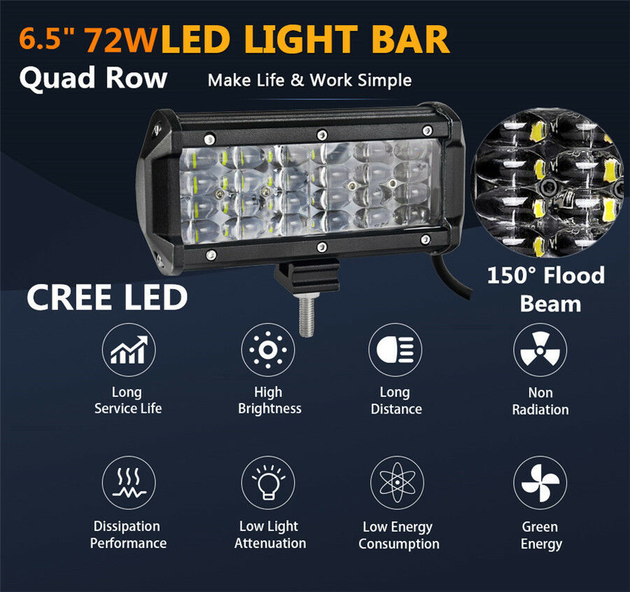 6.5" 72W Quad Row Light Bar Car Off-road Driving Fog Lamp Flood LED Work Light