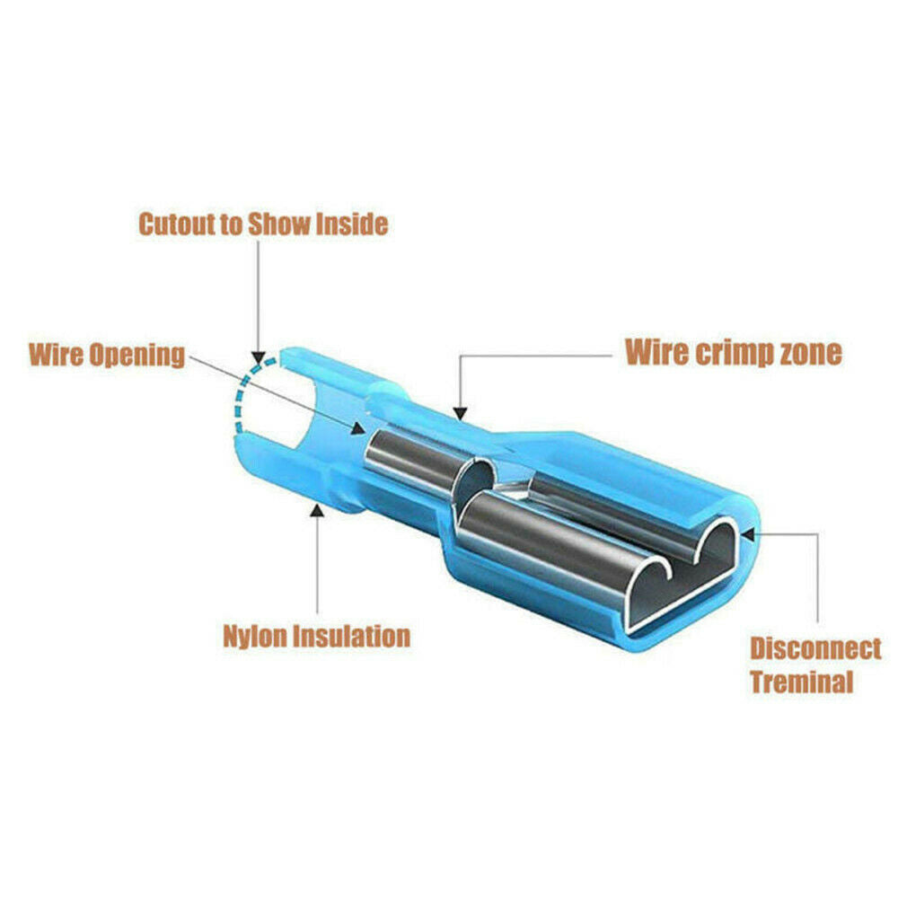 Blue Fully Insulated Female Electrical Spade Crimp Connector Terminal Nylon 100x
