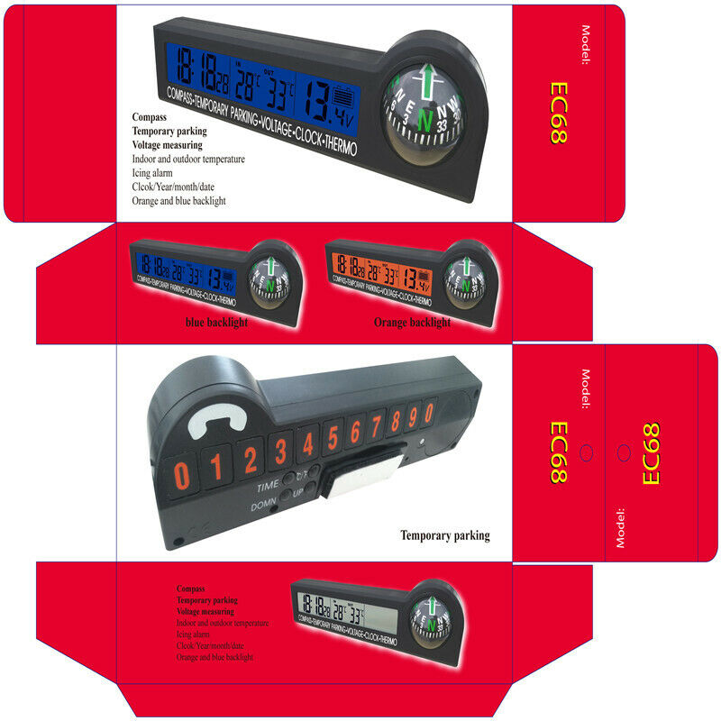 Car Guide Ball Thermometer Voltmeter Time Display LED Backlit Electronic Clock