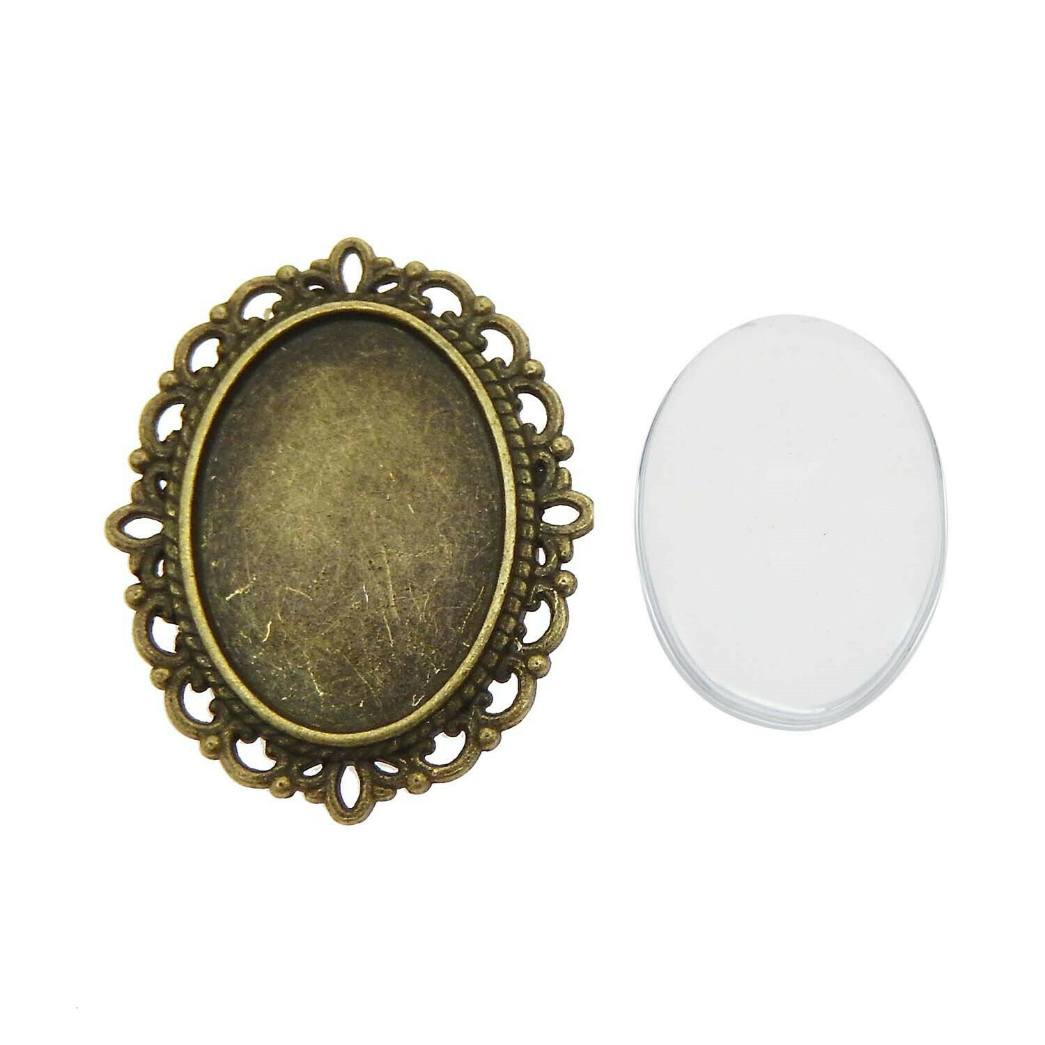 2Sets Alloy Bronze Oval Base w/ 25x18mm Glass Cameo Cabs Brooch DIY Accessories