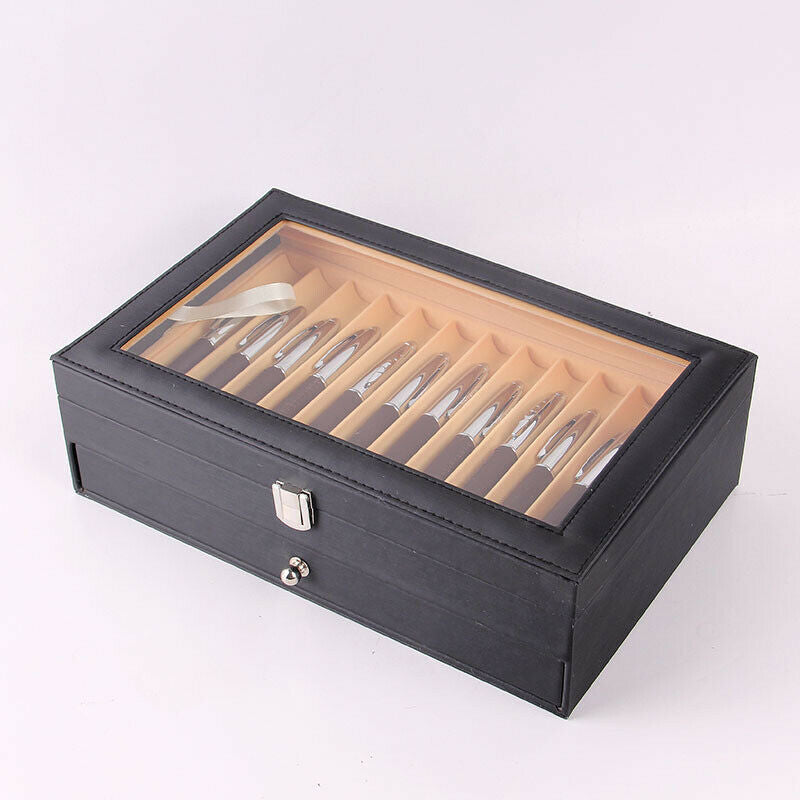 24 Slots 2 Layer Wood Leather Fountain Pen Display Case Storage Box Black