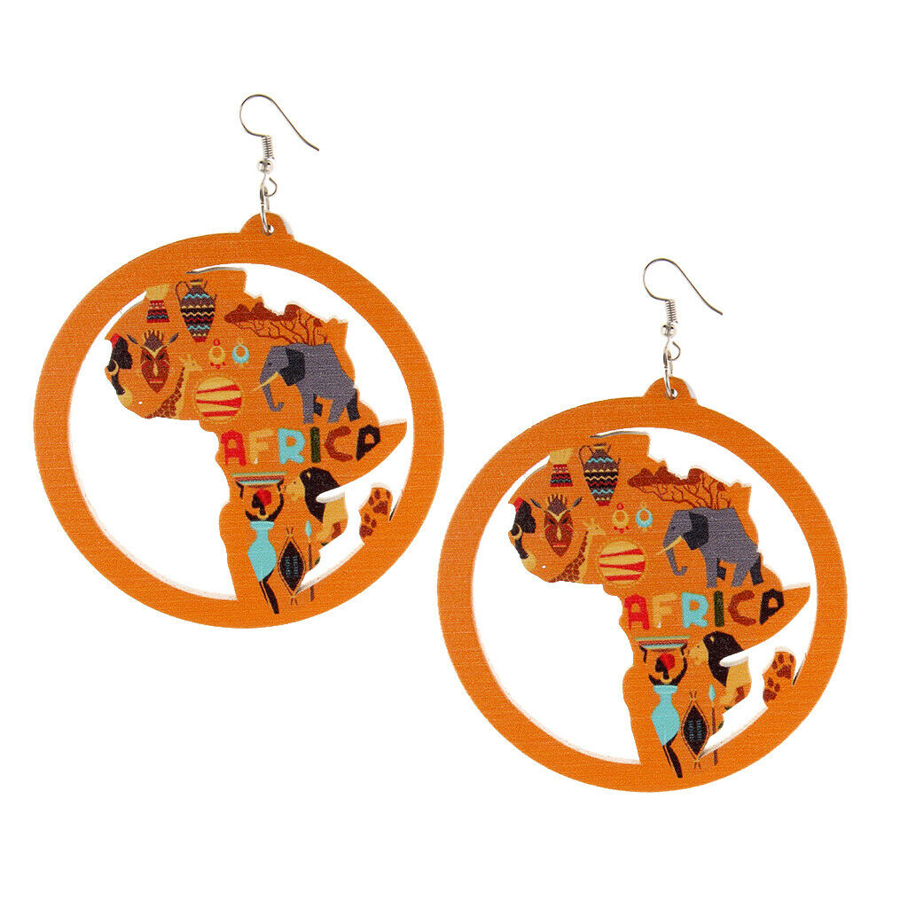 Wooden Dangler African Map Dangle Earrings Exaggerate Round Wood Hollow Hook