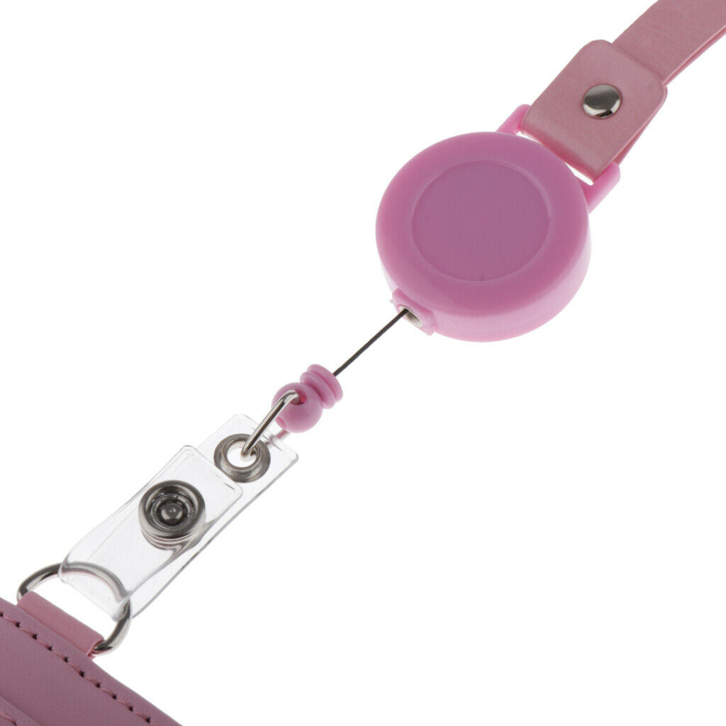 2-Sided Vertical Pu Leather Badge Card Holder Neck Strap Lanyard Pink