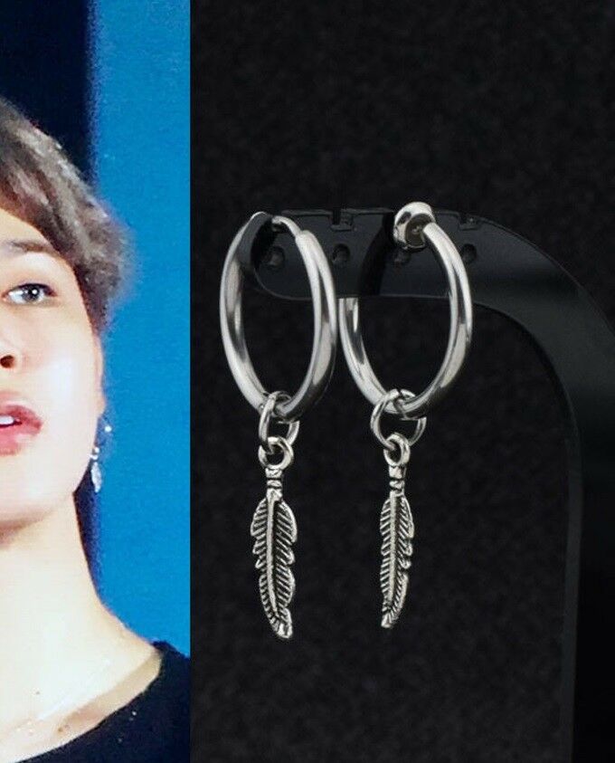 Hip Hop Kpop Leaf Titanium Pendant Feather Hoop Earrings Korean Jewelry