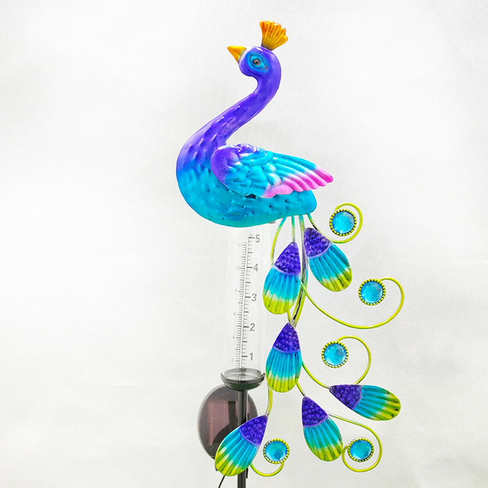Creative Peacock Rain Gauge Outdoor Solar LED Light Metal Stake Garden Decor