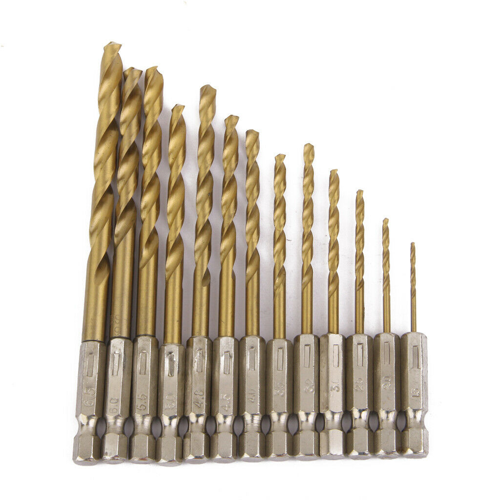 13PC HSS HIGH SPEED STEEL TITANIUM COATED TWIST DRILL BIT SET 1/4" HEX SHANK