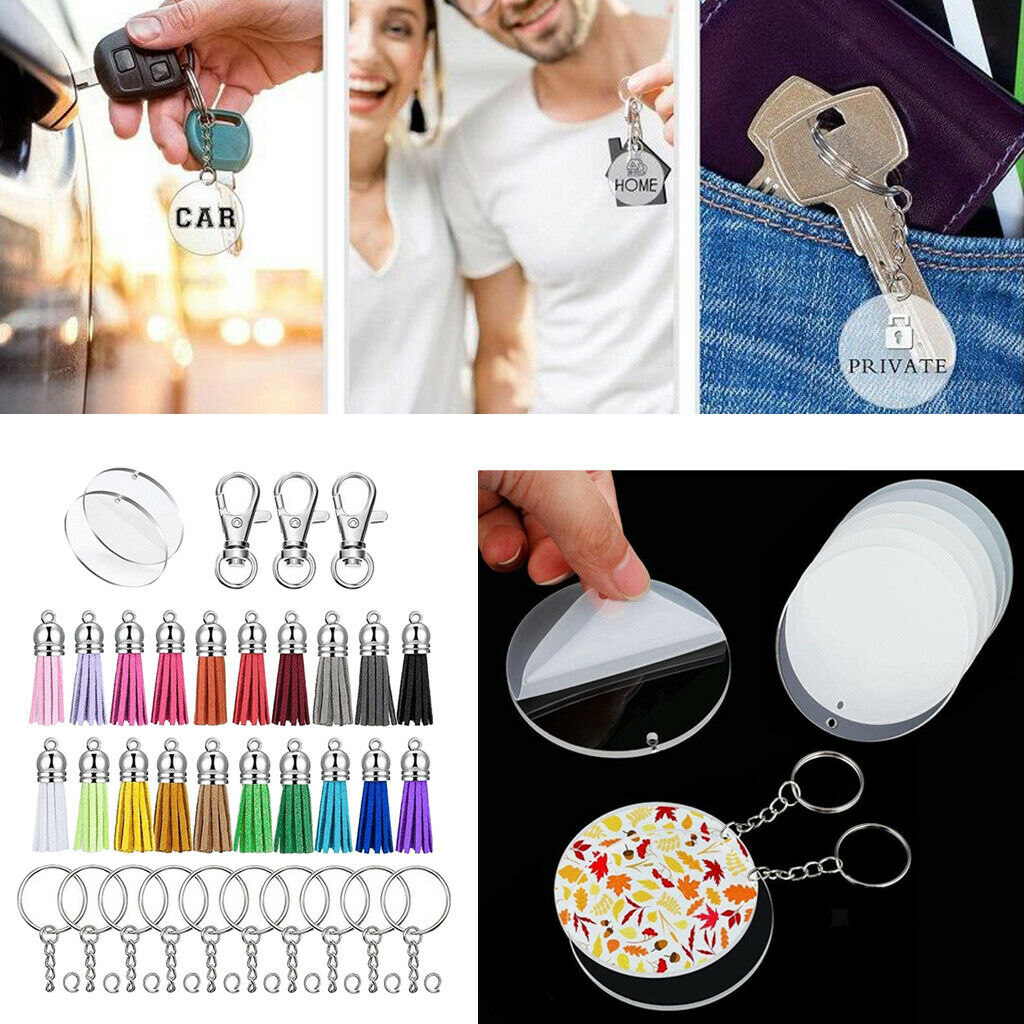 100x Acrylic Discs Keychain Blanks Tassels Pendants Key Rings DIY Handbag Kits