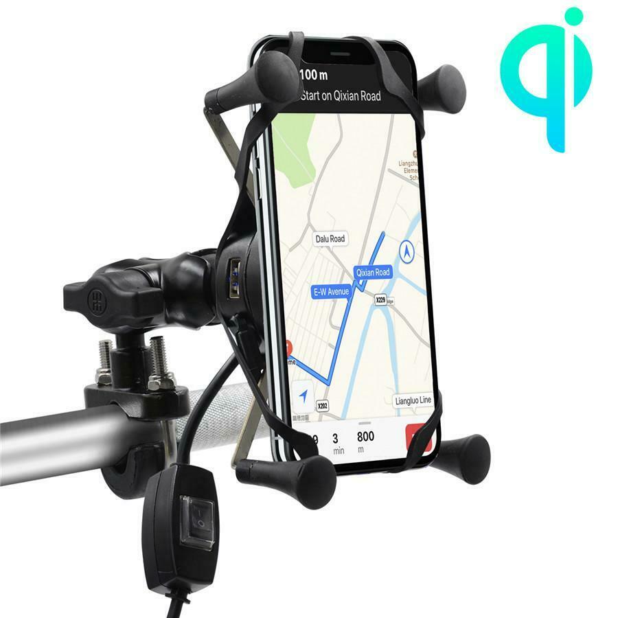 Motorcycle Scooter Wireless + Wired USB Fast Charger Phone Holder w/ Bracket