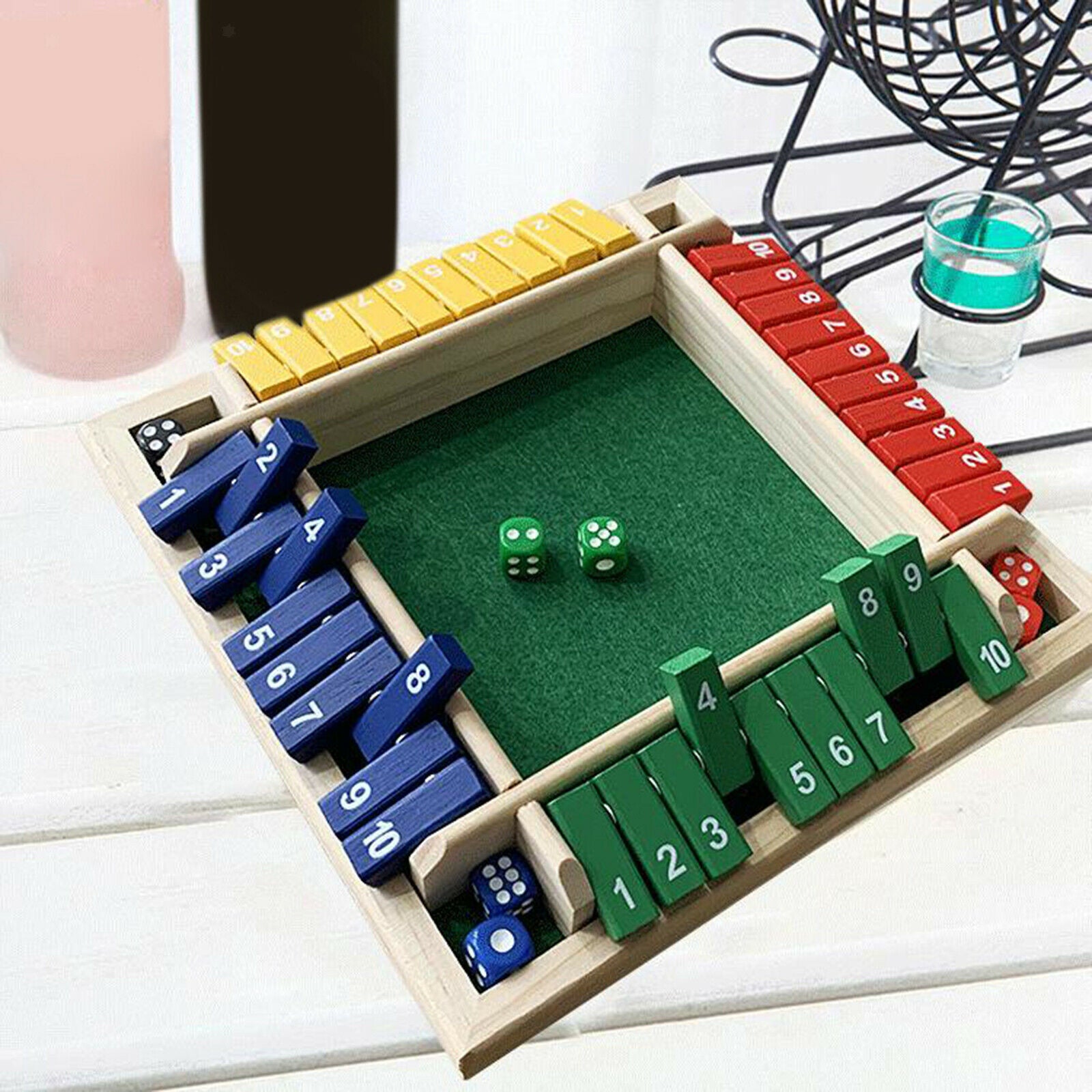 Deluxe 4-Sided 1-10 Numbers Shut the Box Dice Game for Party Fun Table