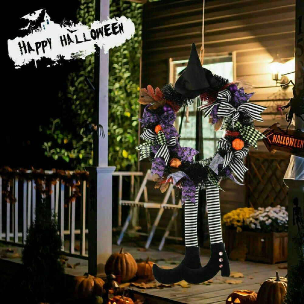 Halloween Wreath With Hat Legs Front Door Hanging Pumpkin Wreath For Home Decor