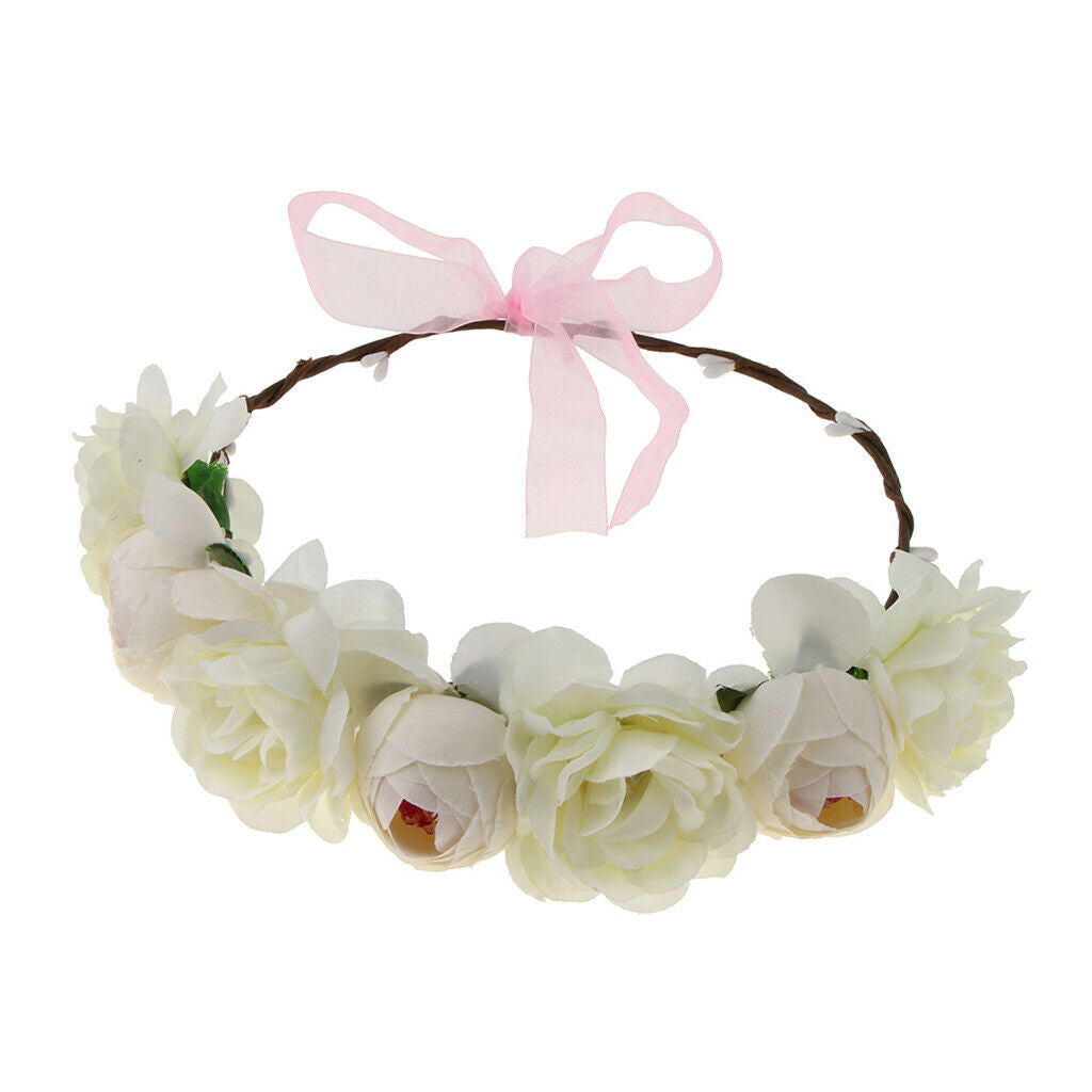 Silk Flower Wreath Headband Garland Wedding Festival Party Hair Costume - Beige,