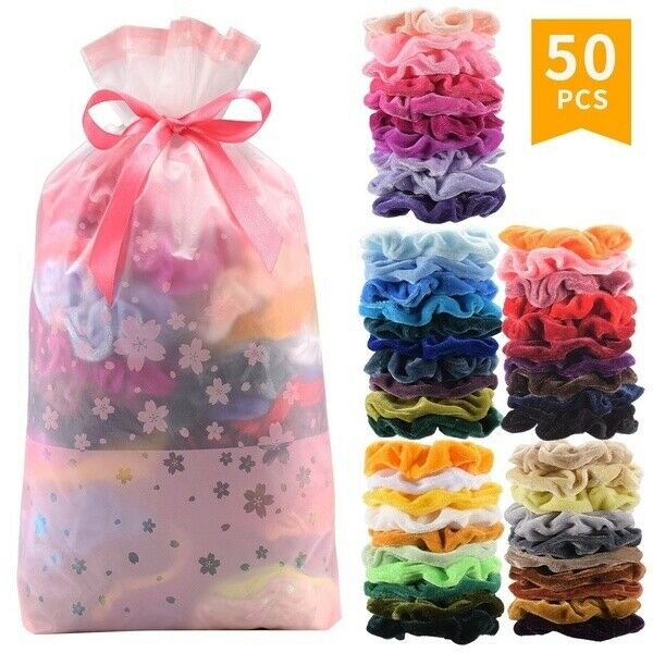 Pack of 50 Velvet Hair Scrunchies Elastic Bobbles Hair Bands (Mixed) - Soft