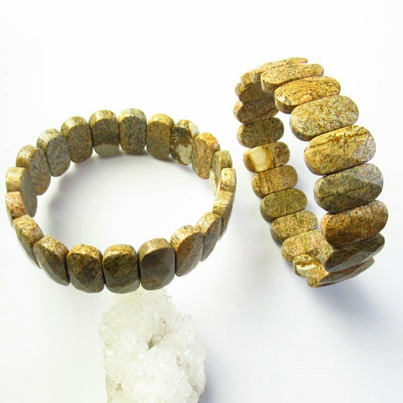 45g Faceted Natural Picture Jasper Oval Stretchy Bracelet 7.5 inch 52SL
