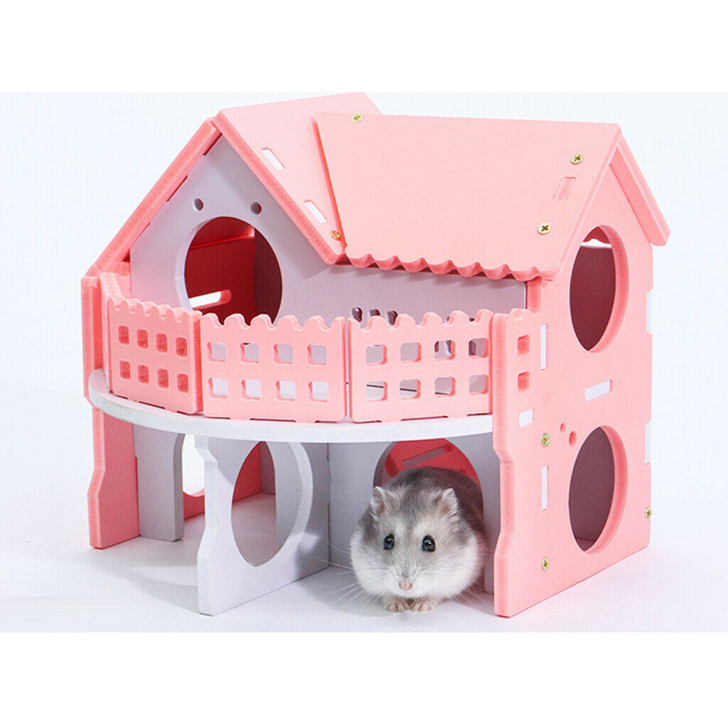 Lovely Double Layers Hamster Wooden Pink Villa Hut Play House Habitat Decor