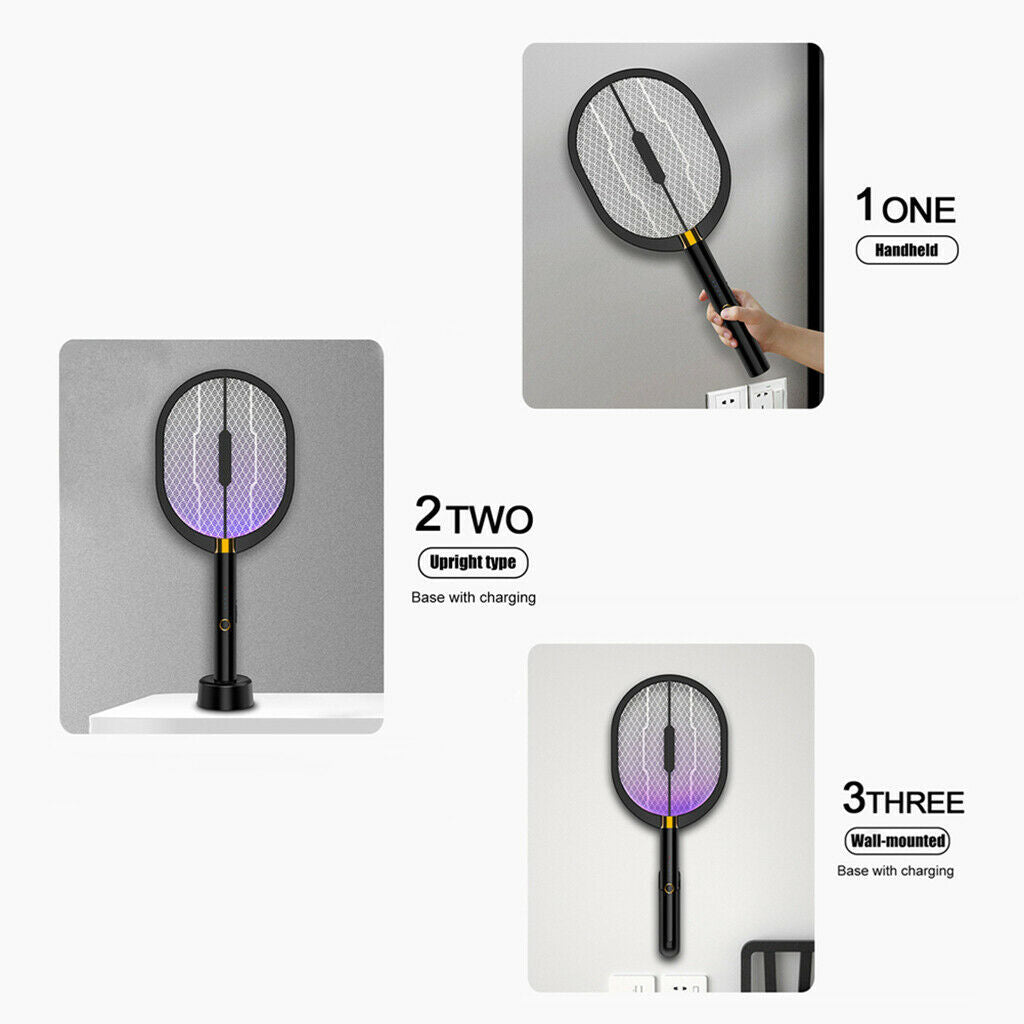 3 In 1 Electric Mosquito Swatter 3000 Volt Bright LED Light USB Rechargeable