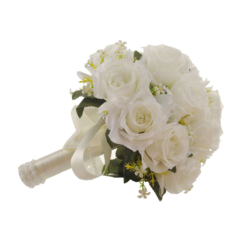 Artificial White Flowers Bride Holding Bouquet Party Pearls Hand Flower