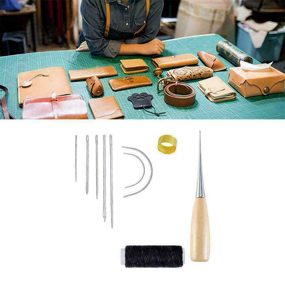 10pc Sewing Needles Stitching Leather Waxed Thread Cord Sew Drilling Awl Thimble