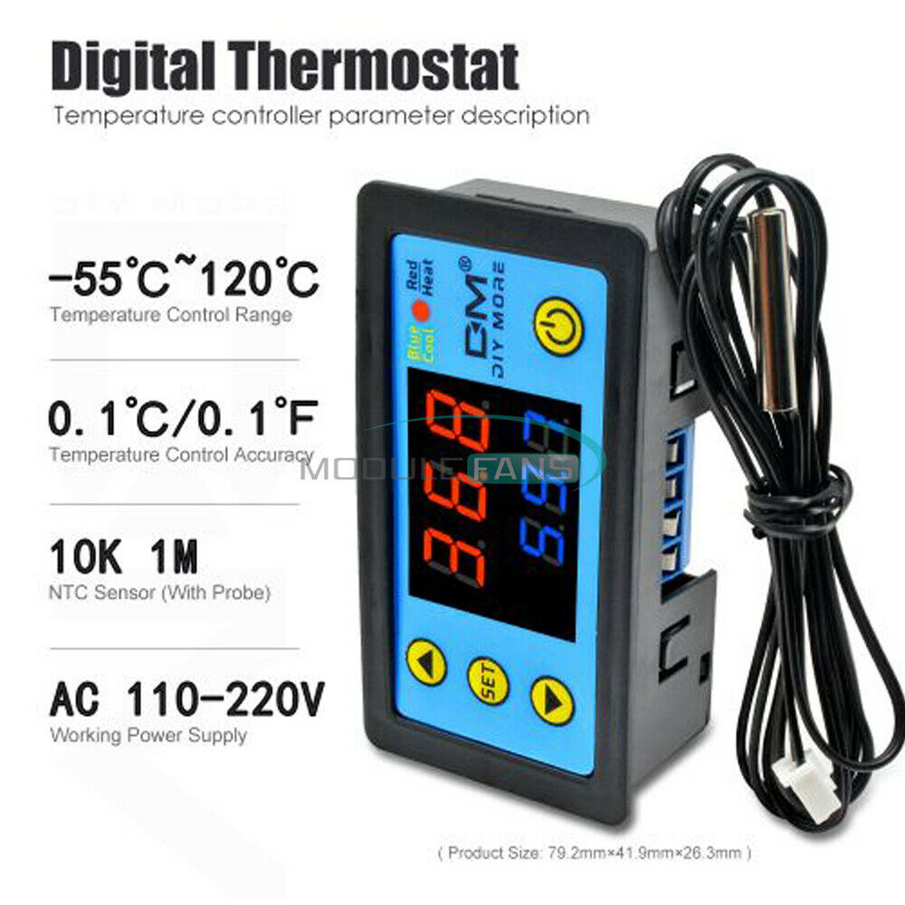 W3231 Digital Thermostat Dual Display AC 110-220V Red And Blue Cylindrical Probe