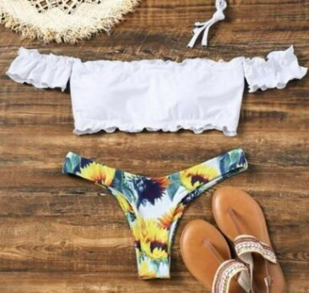 Women Sexy Off Shoulder Swimsuits Two Pieces Floral Padded Beachwear BikiniUS