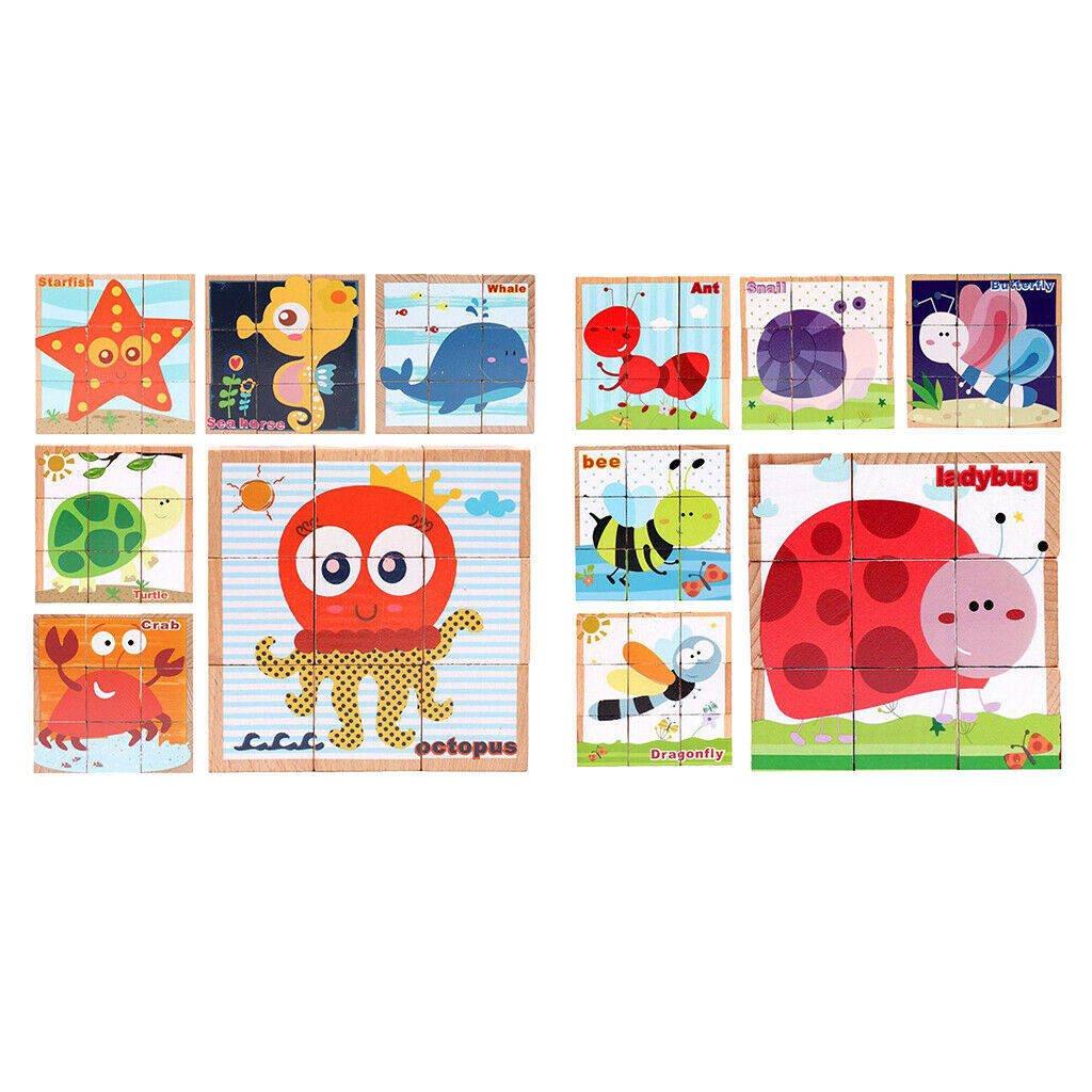 6 in 1 Wooden Animals/Insects Block Puzzle  Blocks Toddler Kids Toys
