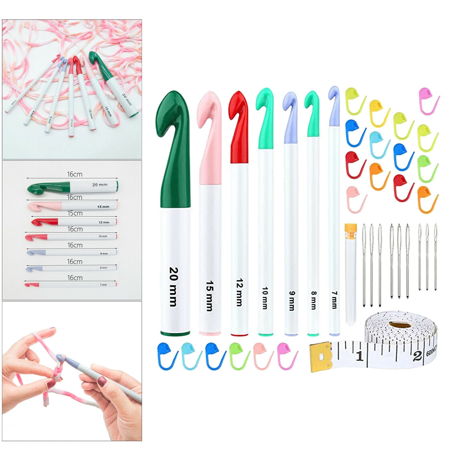 7 Sizes Crochet Hooks Kit Set Needles Ergonomic Grip Large-Eye Blunt Needles