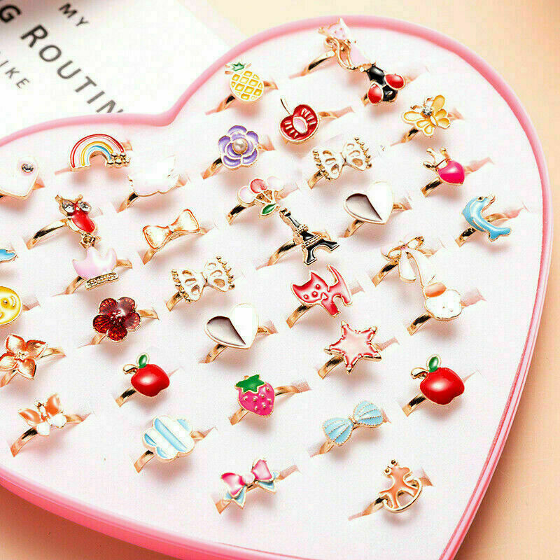 20Pcs/Set Girl Kids Cartoon Adjustable Rings Crystal Ring Jewelry Cute Xmas Gift